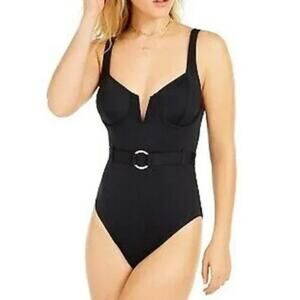Bar III Black Belted Underwire One Piece Swimsuit Small NWT
